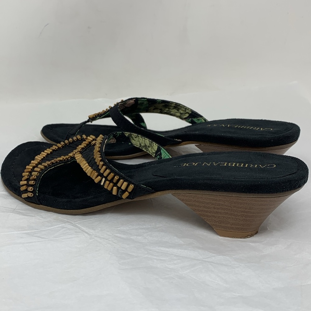 Caribbean Joe Dalton black sandals slip on low heels accent beads size 9